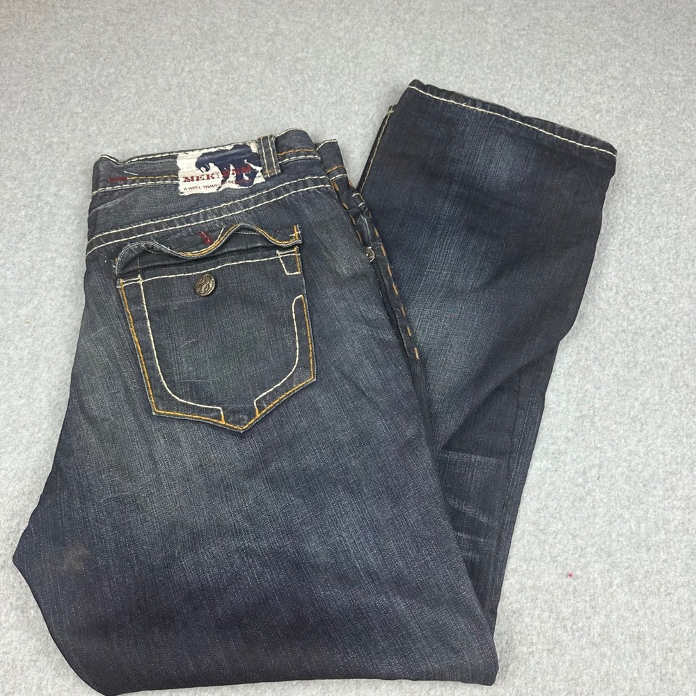 Mek Denim New York Straight Leg Jeans Dark Wash Contrast Stitch Mens‎ 42x34